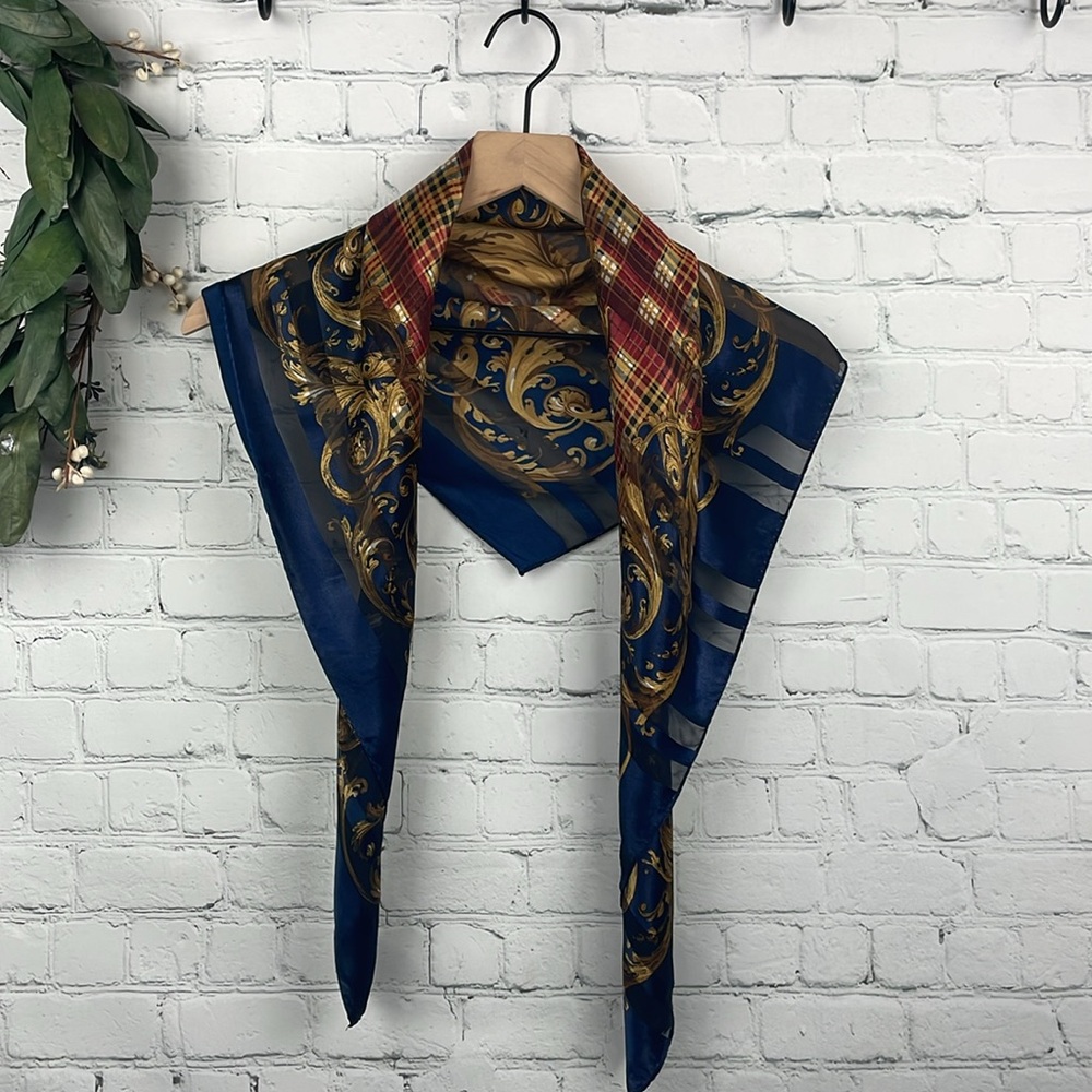 ELAINE GOLD Navy Red Gold Floral Plaid Stripe Scarf